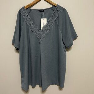 Bloom chic Plus Size 22-24 Waffle Knit Blue Top V Neck Lace Flowy lightweight